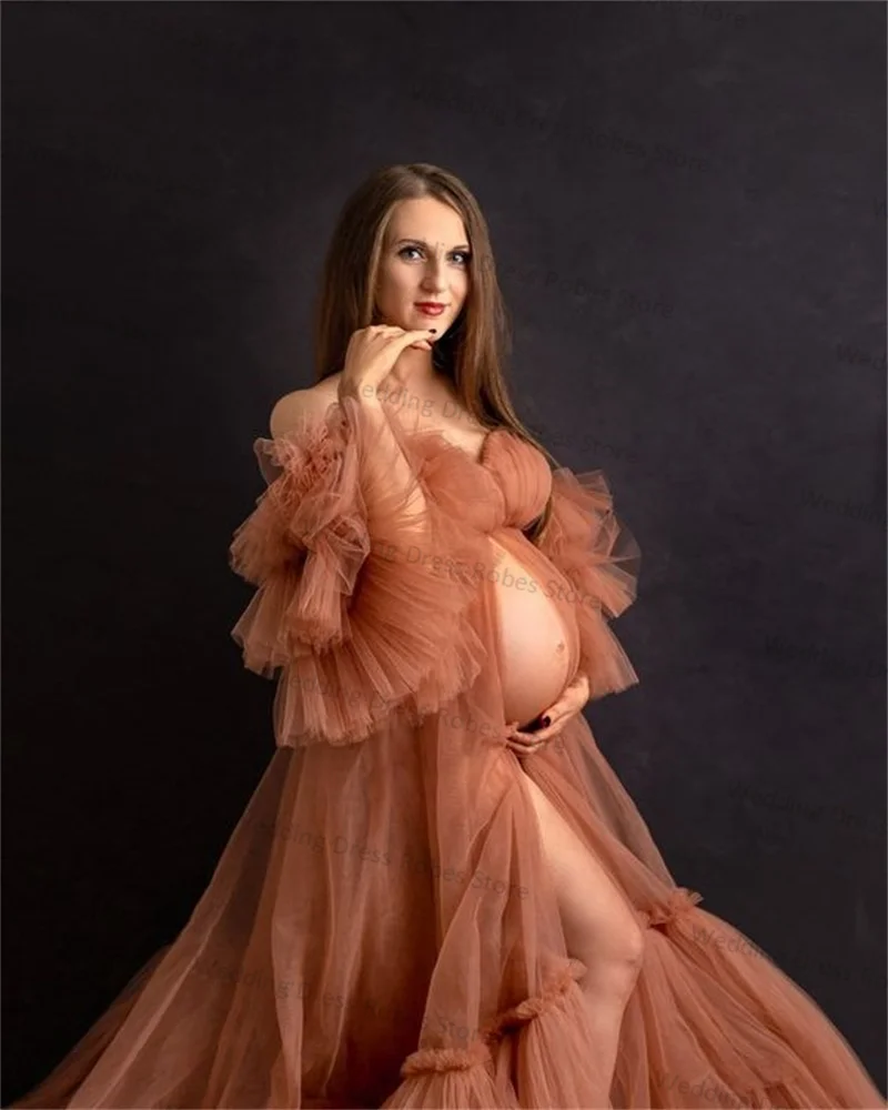 Brown Tulle Wedding Maternity Dress For Photography Sweetheart Short Sleeves Sexy Long Night Robe Party Prom Gowns Custom Made