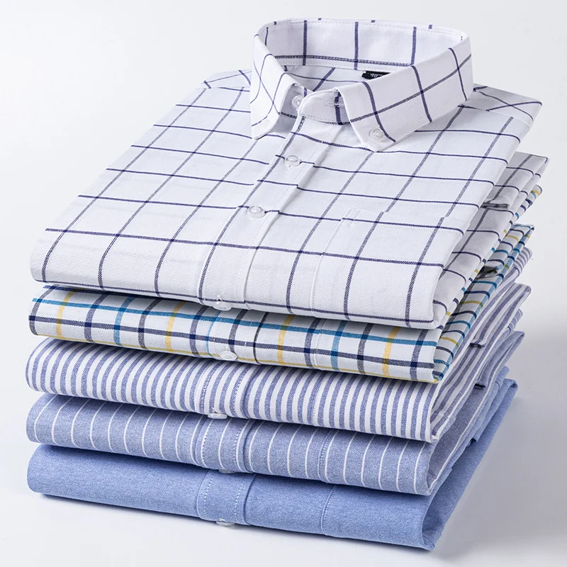 

7XL Oxford 100% Cotton Classic Plaid Stripes Solid Color Work Blue White Shirts Men Long Sleeve Men Shirts Long Sleeve Slim Fit