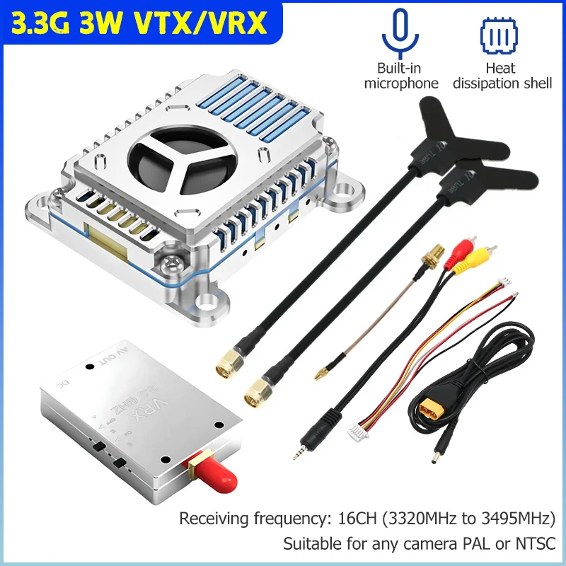 3.3G 3W Analog VTX Audio Video Transmitter 16CH 3.3G VRX FPV Traversing Machine Built-in Microphone For 7-13inch FPV RC Drone