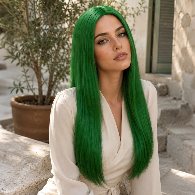 Holiday cosplay full-head wig, 28 inches long, straight, green, soft center parting design