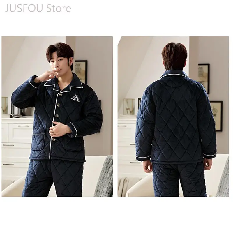 Men Thicken Coral Fleece 2Pcs Pajamas Set Lapel Warm Shirt and Pant Comfy Dressing Gown Home Wear Sleepwear Loungewear
