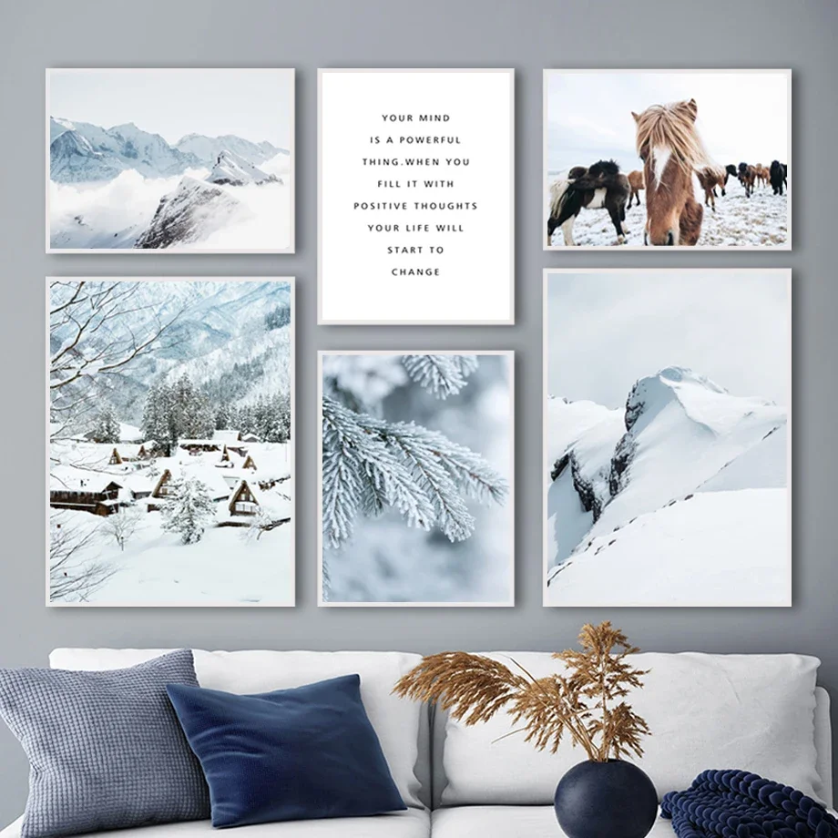 Winter Snow Scene Village Pine Forest Smog Wild Horse Mountains Art Canvas Nordic Posters Prints Wall Pictures Living Room Decor