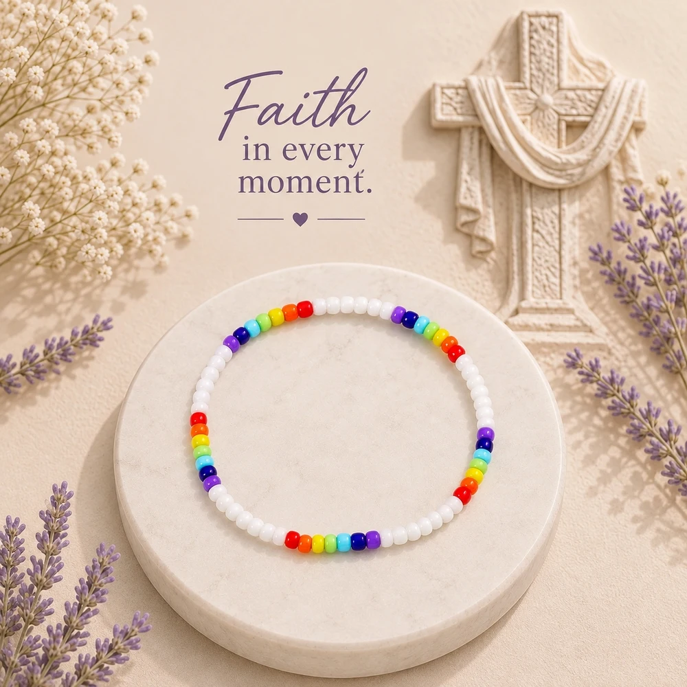1pc Unisex Rainbow Color White Glass Beaded Strand Bracelet 17.5cm Trendy Round Bead Wrist Jewelry with Color Block Design