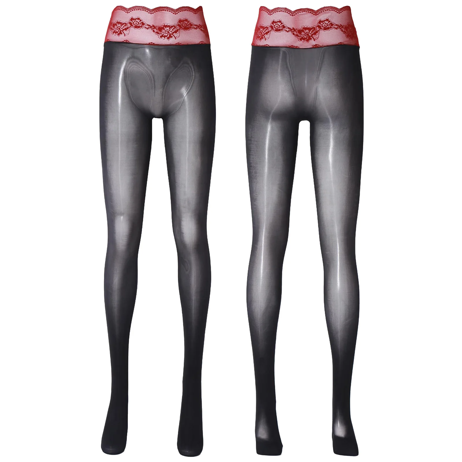 

Women High Waist See-through Lace Trim Pantyhose Glossy Silky Skinny Stretchy Pantyhose Dating Night Role Play Costume Accessory