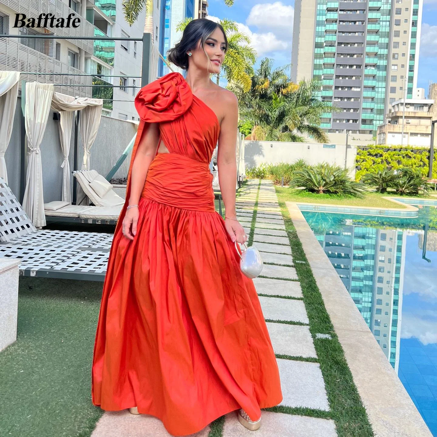 

Bafftafe Orange Sheath Arabic Prom Dresses 3D Flowers One Shoulder Pleats Women Formal Party Gowns Hole Special Evening Dress