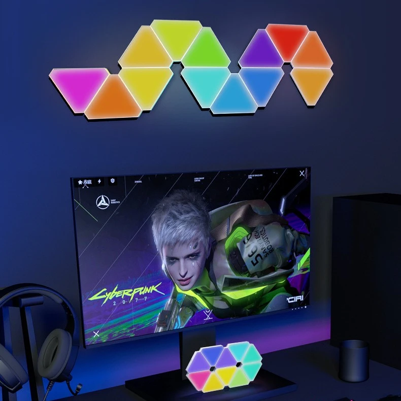 Painéis de luz quântica de emenda triangular - luz ambiente inteligente para jogos WiFi RGB para decoração de casa de fundo de TV
