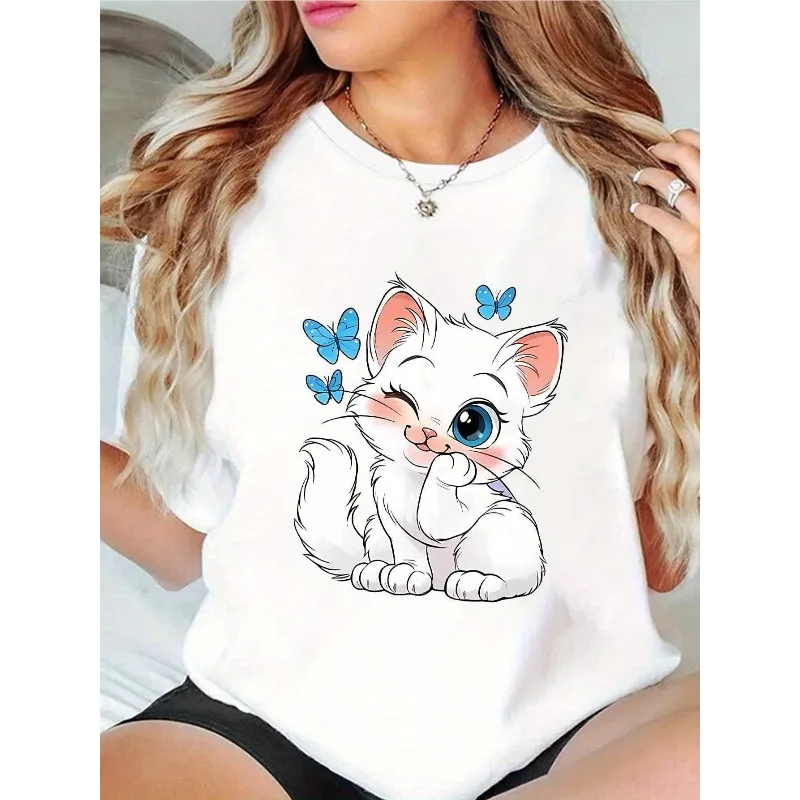 

Women's Summer Cute Cartoon Kitten and Butterfly Print T-Shirt Knitted Short Sleeve Round Neck Casual Daily Wear