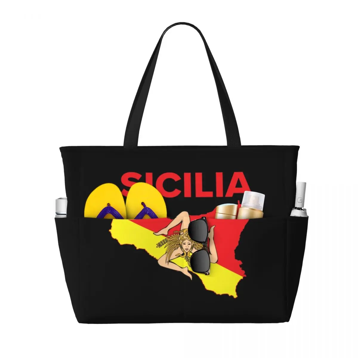 Custom Map Of Sicily Trinacria Beach Tote Bag for Women Italy Sicilian Pride Big Compartment Beach Gym Travel Bags