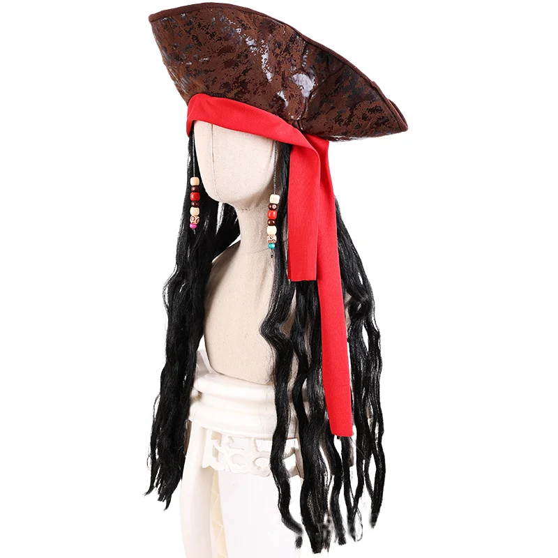 Adult Pirate Captain Jack Braids Wig Hat Halloween Pirate Cap for Men Cosplay Performance Costume Accessories