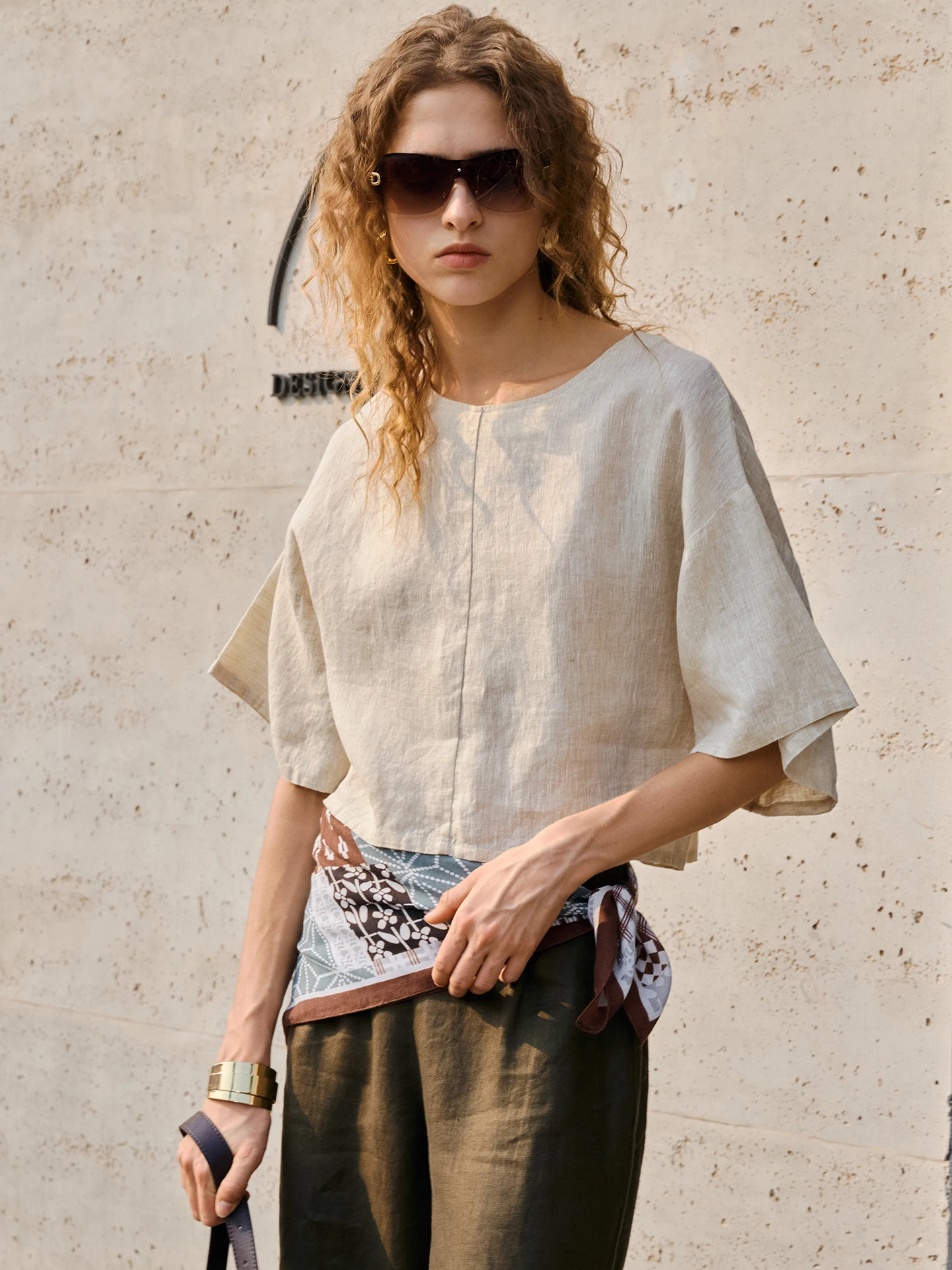 Pure Linen Women's Top Loose Fit Five-Quarter Sleeve round Neck Short Length Casual Style Universal Size Linen Shirt T-Shirt