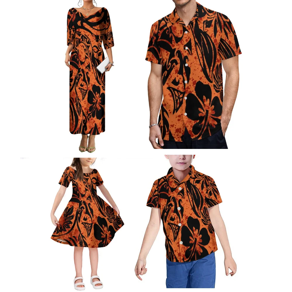 Vestido solto de manga curta de verão, camisa masculina da família polinésia, conjunto de quatro peças personalizado para festa de jantar com estampa floral
