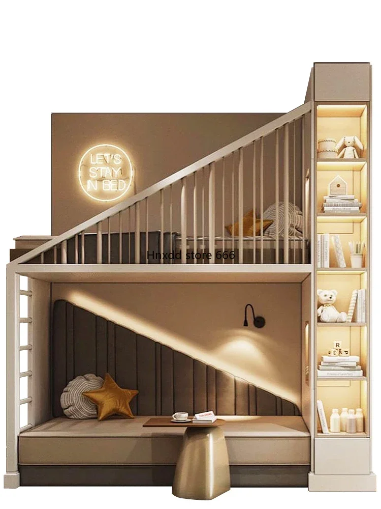 Children's bed Modern light luxury upper lower beds fashionable high and low small apartment with bookshelf double-layer girl