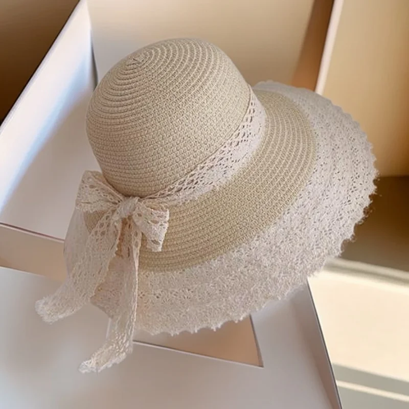 موضة الجوف حافة مقوس دانتيل شاطئ البحر عطلة قبعة بحافة السيدات في الهواء الطلق حماية من الشمس القش قبعة الصيف قبعات للحماية من الشمس للنساء 2