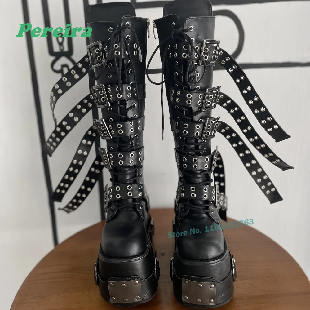 Multi Belt Buckle Platform Knee High Boots Metal Toe Leather Lace Up Punk Boots Wedges Black Thick Soled Shoes for Women Men