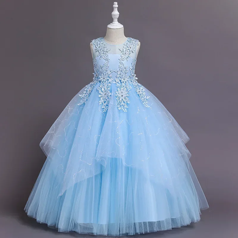 Flower Girl Dresses Children Wedding Princess Fluffy Gauze Dress Spring Summer Small Medium-sized O-Neck Floor-Length