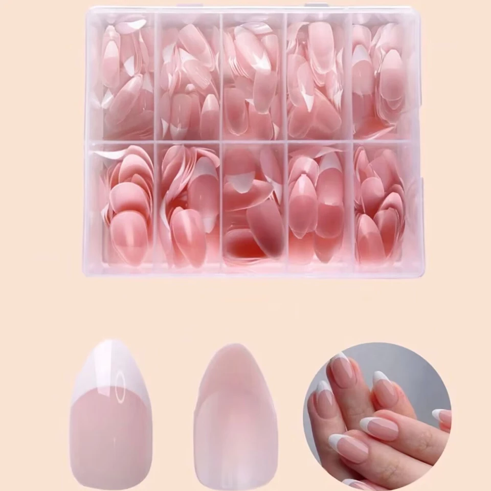 120 uñas postizas blancas francesas en forma de almendra para mujeres elegantes, perfectas para el día a día o fiestas 2