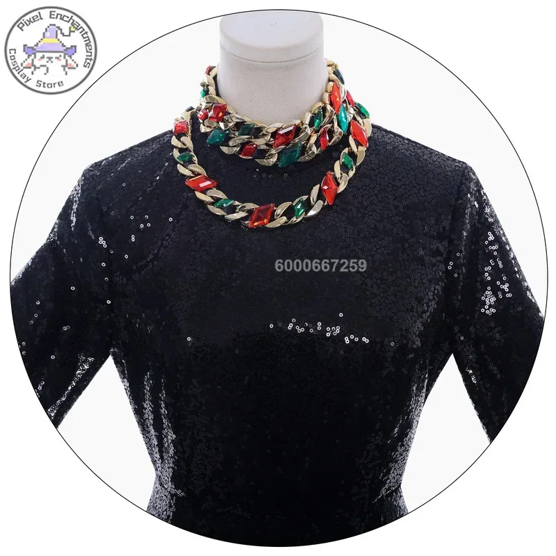 Movie Gal Gadot's Queen Cosplay Costume Black Sequin Covered Long Sleeve Dress for Women Adults Carnival Party Roleplay ComicCon