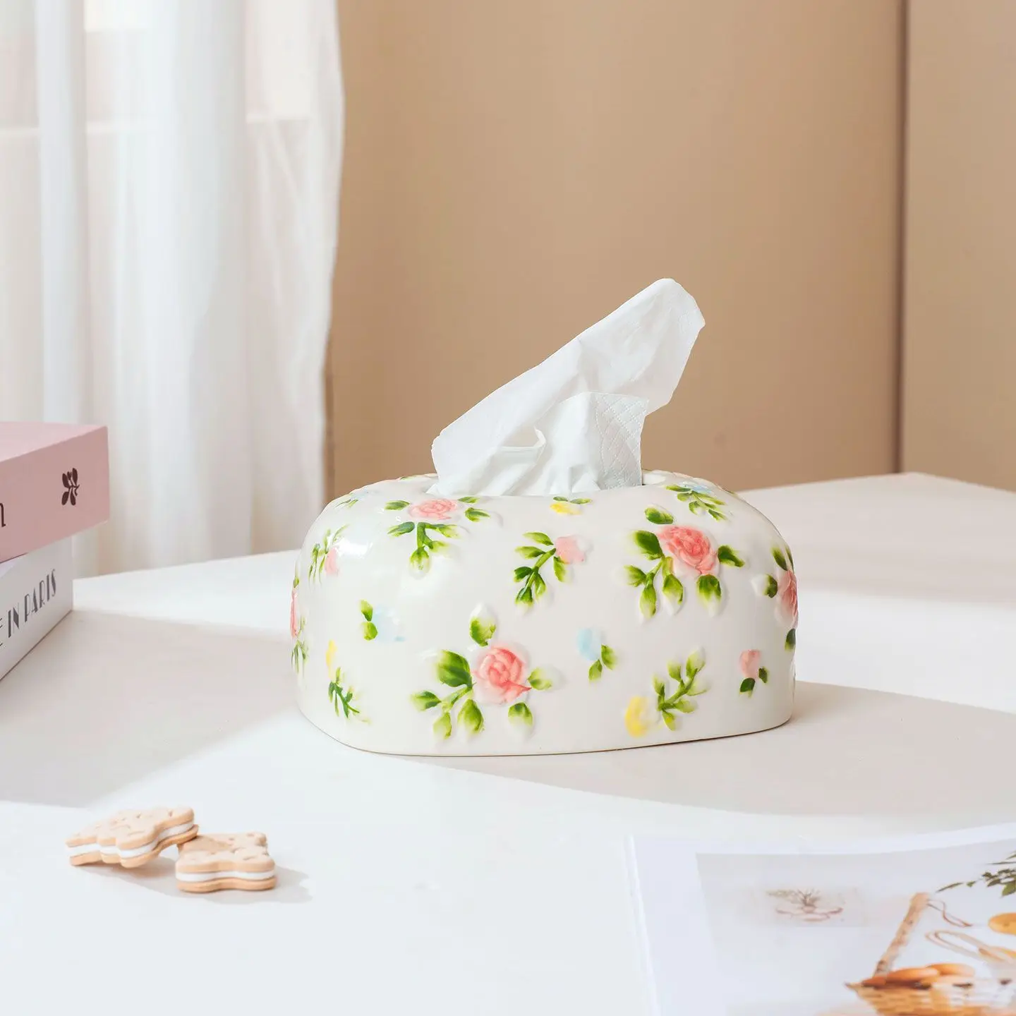 

Ceramic Relief Rose Tissue Box - Minimalist Home Decor for Living Room Coffee Table & Dining Table Napkin Holder