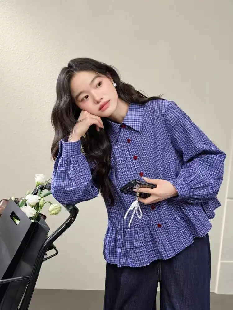 American Retro Blue Plaid Shirt Women's Long Sleeve Spring Summer Design Sense Small Size Lace Hem Trendy Button up Coat