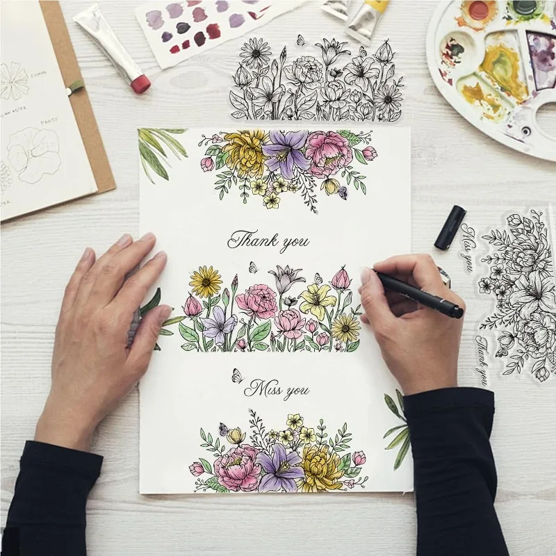 1Sheet Flower Background Clear Stamps Leaves Rubber Stamps Wishing Words Silicone Stamps Silicone Transparent Seal Stamps