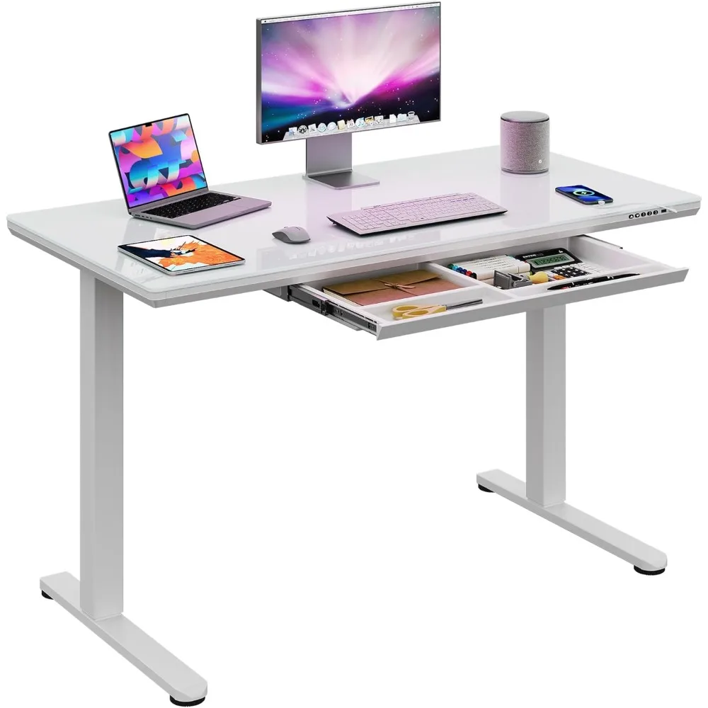 Adjustable Height Glass Standing Desk with Drawers