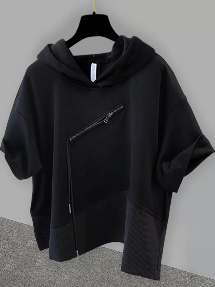 

2026 New Summer Men's Hooded Short Sleeve T Shirt Irregular Patchwork Half Zipper Casual Stylish Handsome Tops For Daily Wear