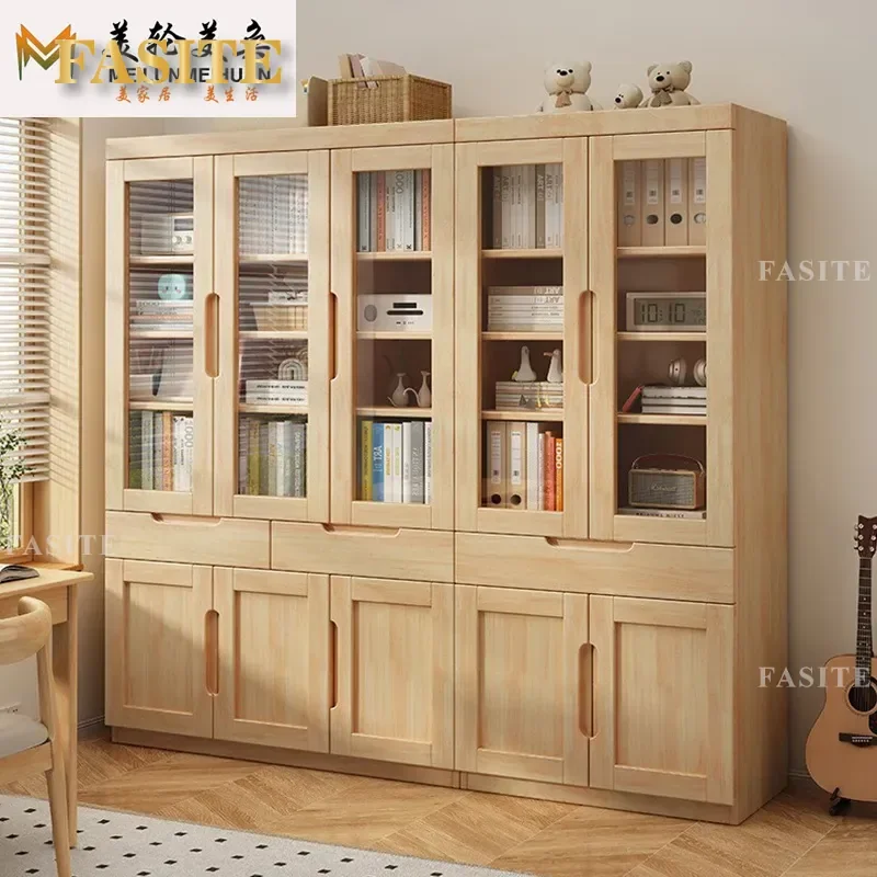 For Modern Simple Solid Wood Bookcase Floor to Ceiling Study Two or Three Door Combination Locker Glass Door Bookshelf