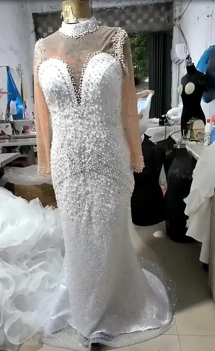 Customized Africa Sexy Mermaid Wedding Dresses With Detachable Skirt Bling Bling Shiny Pearls Appliques Fish Tail Bridal Dress