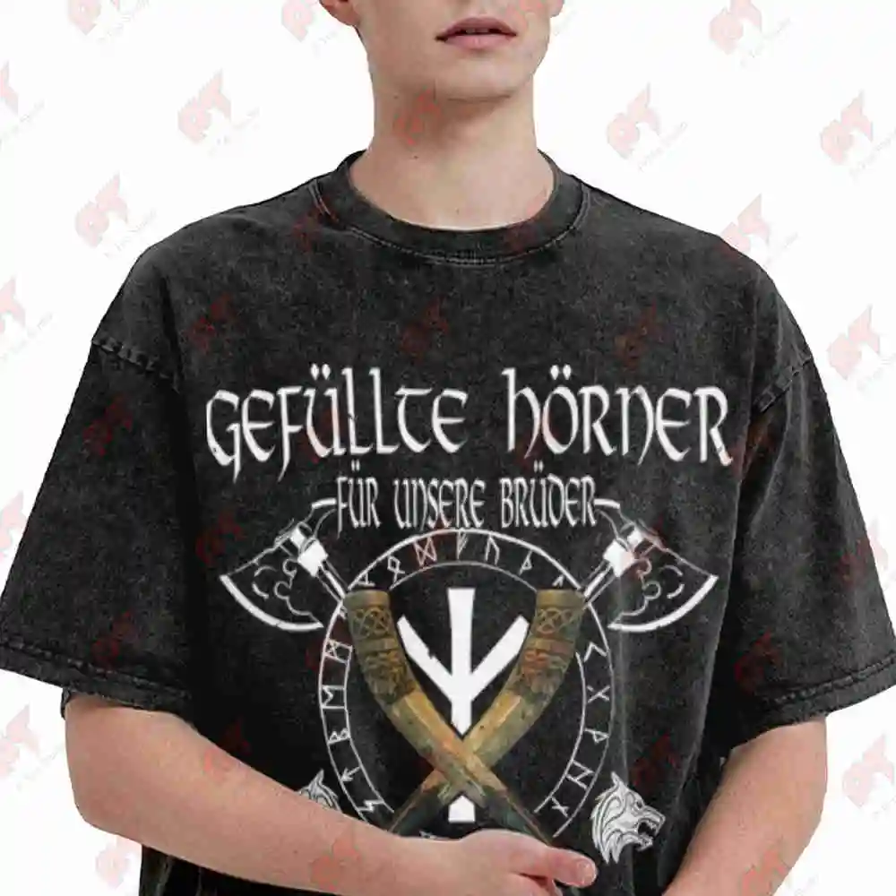 Viking Brotherhood Stuffed Horns Sharpened Axes Vintage Washed Tee Pure Cotton T-Shirt
