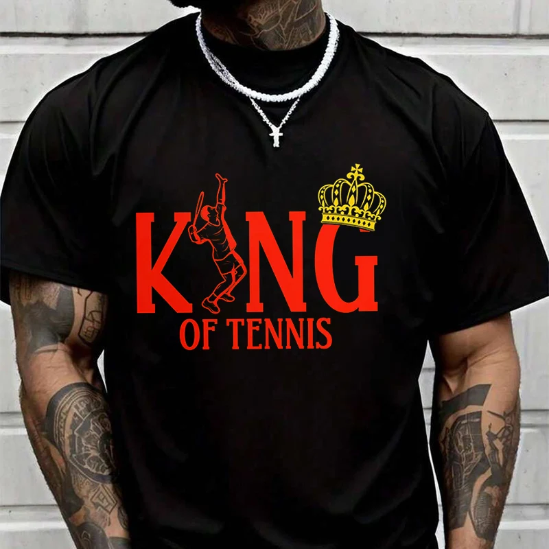 

King Of Tennis Pattern Men's Graphic Print T-Shirt Fashionable Casual Street Style Suitable For Travel And Sports Tee