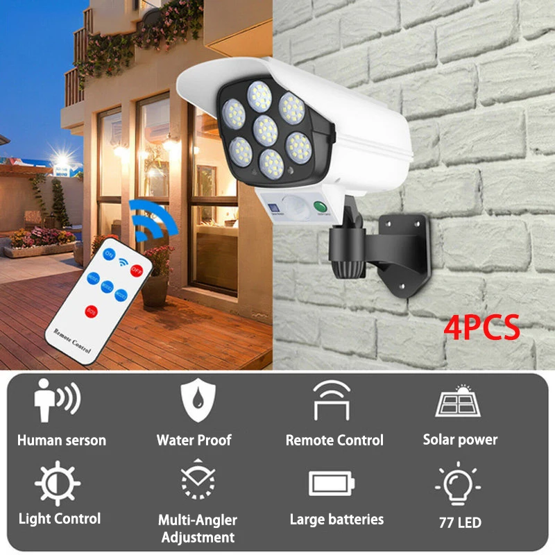 2000LM 77LED Solar Motion Sensor Light Outdoor Wall Lamp with Remote Control Waterproof Dummy Camera for Garden Garage ﻿