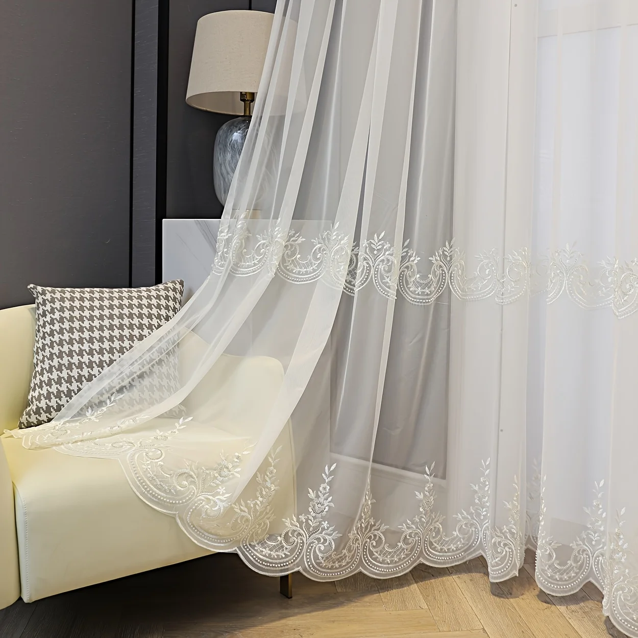 

2 Panels Elegant Luxury Floral Embroidered Sheer Curtains with Beaded Design, Grommet Top for Bedroom, Living Room, Balcony & Room Divider