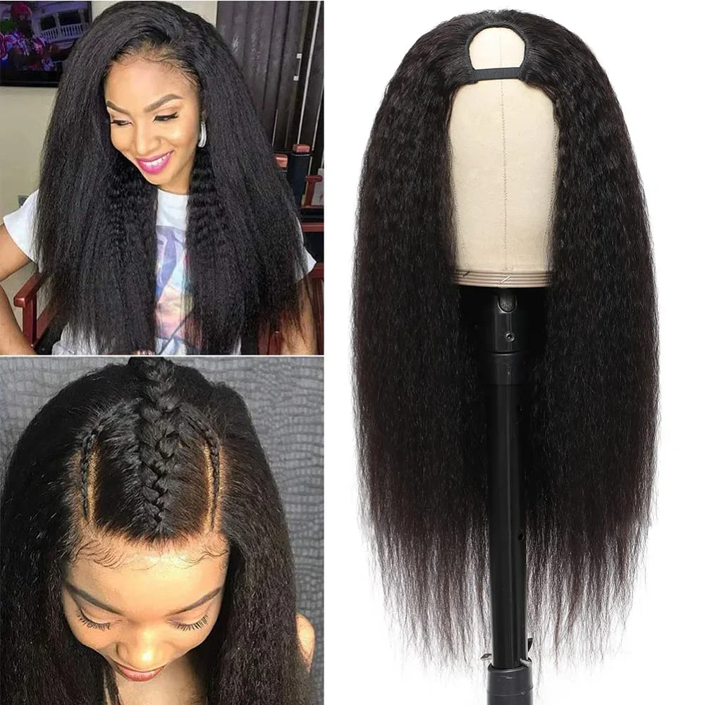30-дюймовые парики U/V Part No Glue No Lace Kinky Straight V-образные парики из человеческих волос для чернокожих женщин 180 Плотность машинного производства парики