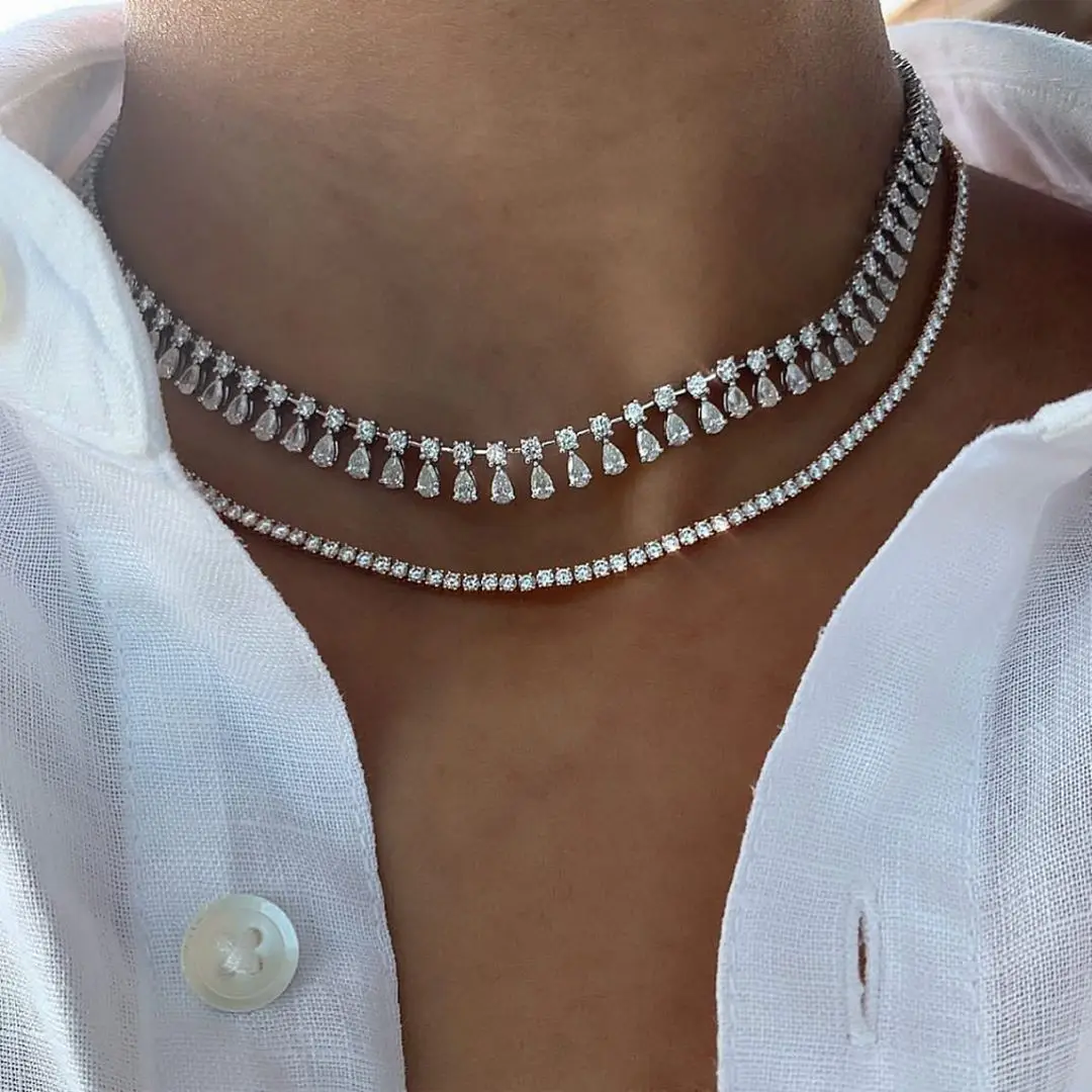 

5A Cubic Zirconia Iced Out Bling Women Choker Geometric Round Tear Drop CZ Tennis Chain Luxury Fashion Necklace