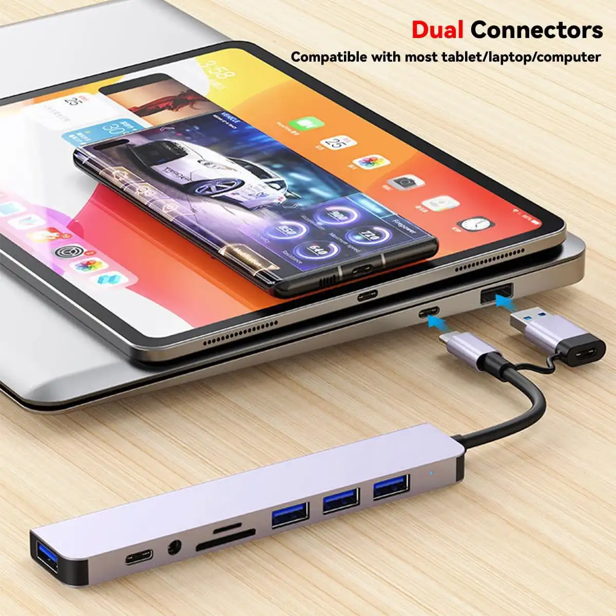8 في 1 USB C Hub Splitter 4 منافذ USB 1 USB-C Jack TF/SD قارئ بطاقات 3.5 ملم مخرج صوت مع MacBook Pro وiPad Pro وأجهزة الكمبيوتر المحمولة