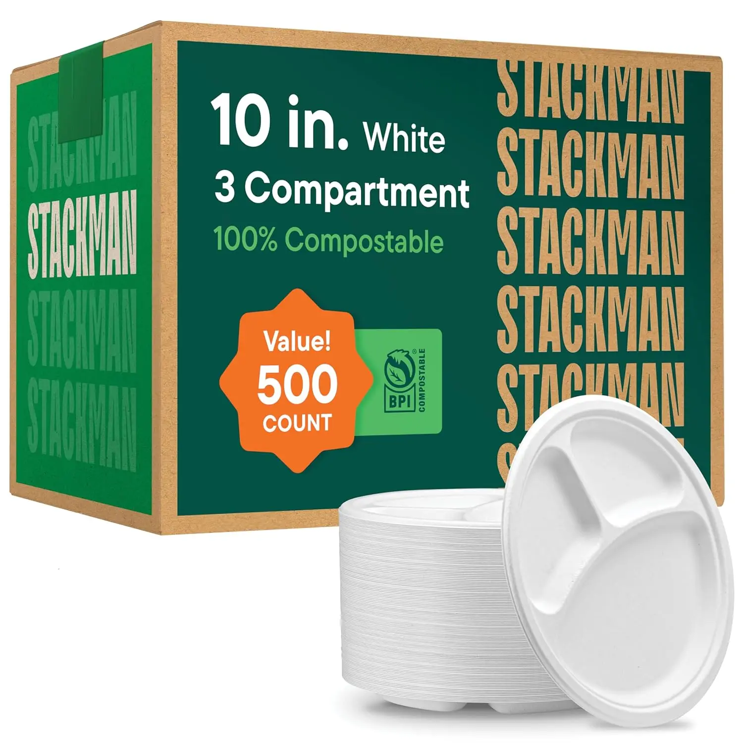 

100% Compostable Paper Plates 10 Inch Bulk [500 Count] Heavy-Duty Dinner Plates with Compartments - Natural White Color Bagasse