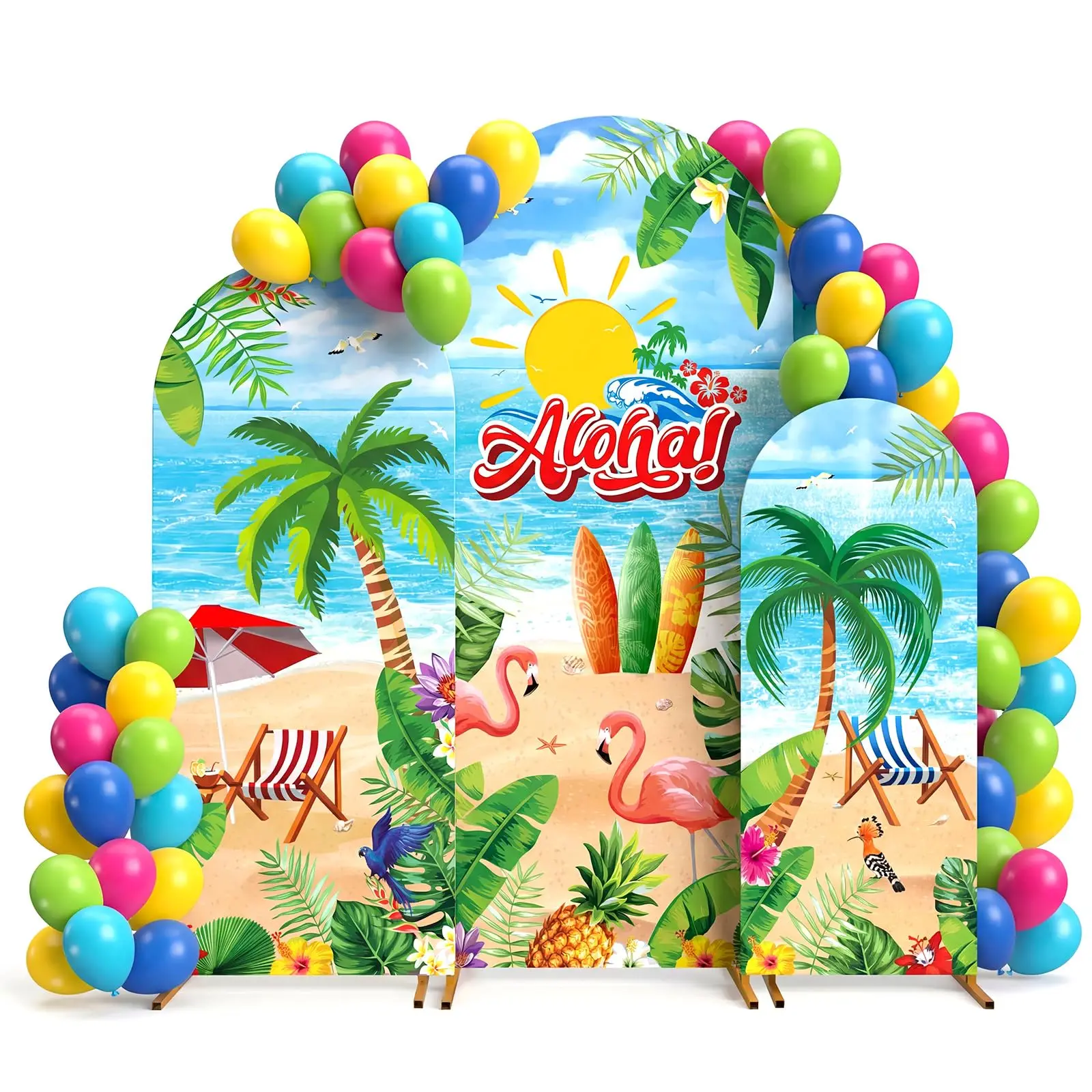 VIKAMA - Juego de telón de fondo con diseño de arco tropical Aloha, diseño de flamencos hawaianos para decoración de fondo de fotomatón para fiestas de verano