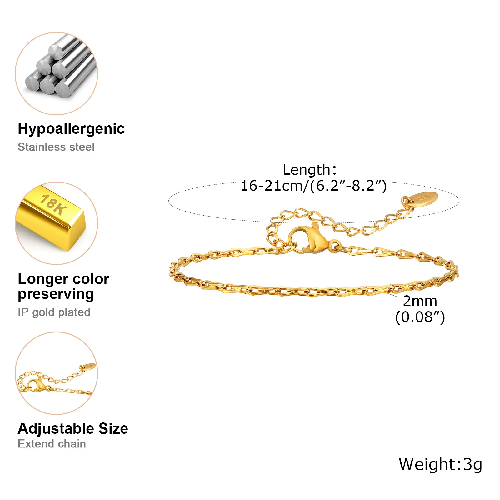 Stainless Steel Bracelet Gold Plated, 2mm Link Stackable Jewlrty for Women Tarnish-resistant image 5