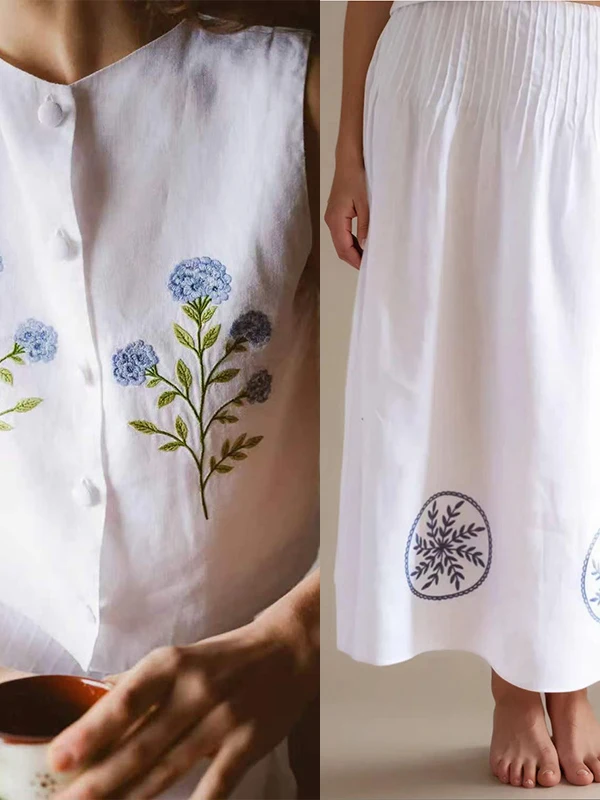 

Breathable Cotton Linen Embroidered Two-Piece Set Summer Sleeveless A-Line Long Skirt Ensemble Women's Fashion Spring Summer
