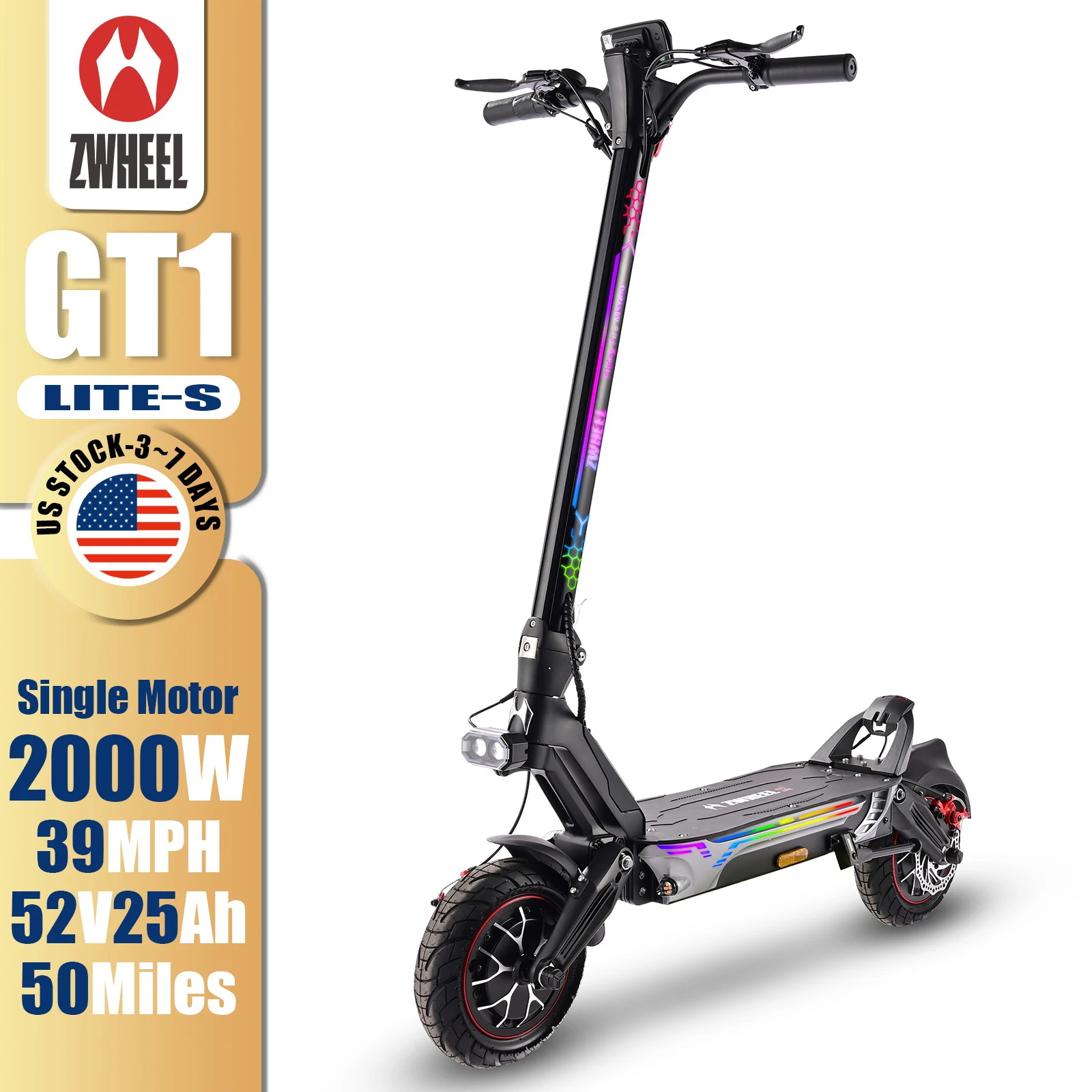 

ZWHEEL GT1-Lite Single Motor Electric Scooter 2000W Peak Rear Drive Max Speed 39 MPH Max Range 50 Miles 1300Wh Battery 35% Max Lncline 11''Off-Road Hands-Free Unlocking Smart APP Anti-theft Dual Disc Brakes Safety Braking Foldable EScooter US Stock Direct