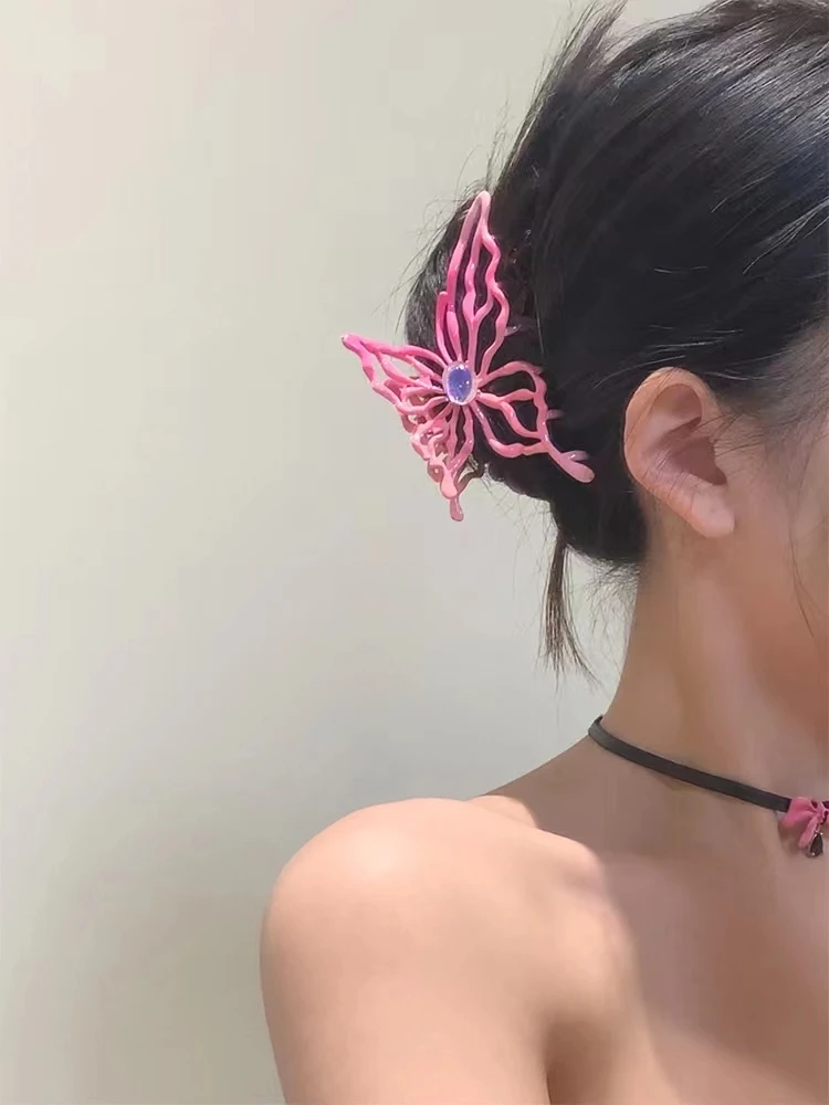 

Gradient Pink Hollow Butterfly Metal Big Hair Claw Crab Clip For Women Girls Fairy Barrette Crystal Hair Accessories Jewelry