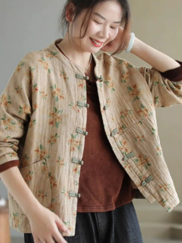 Amax LuluE Cappotti moda cinese autunnali da donna stampati classici giacche vintage larghe da donna casual eleganti abiti in cotone floreale