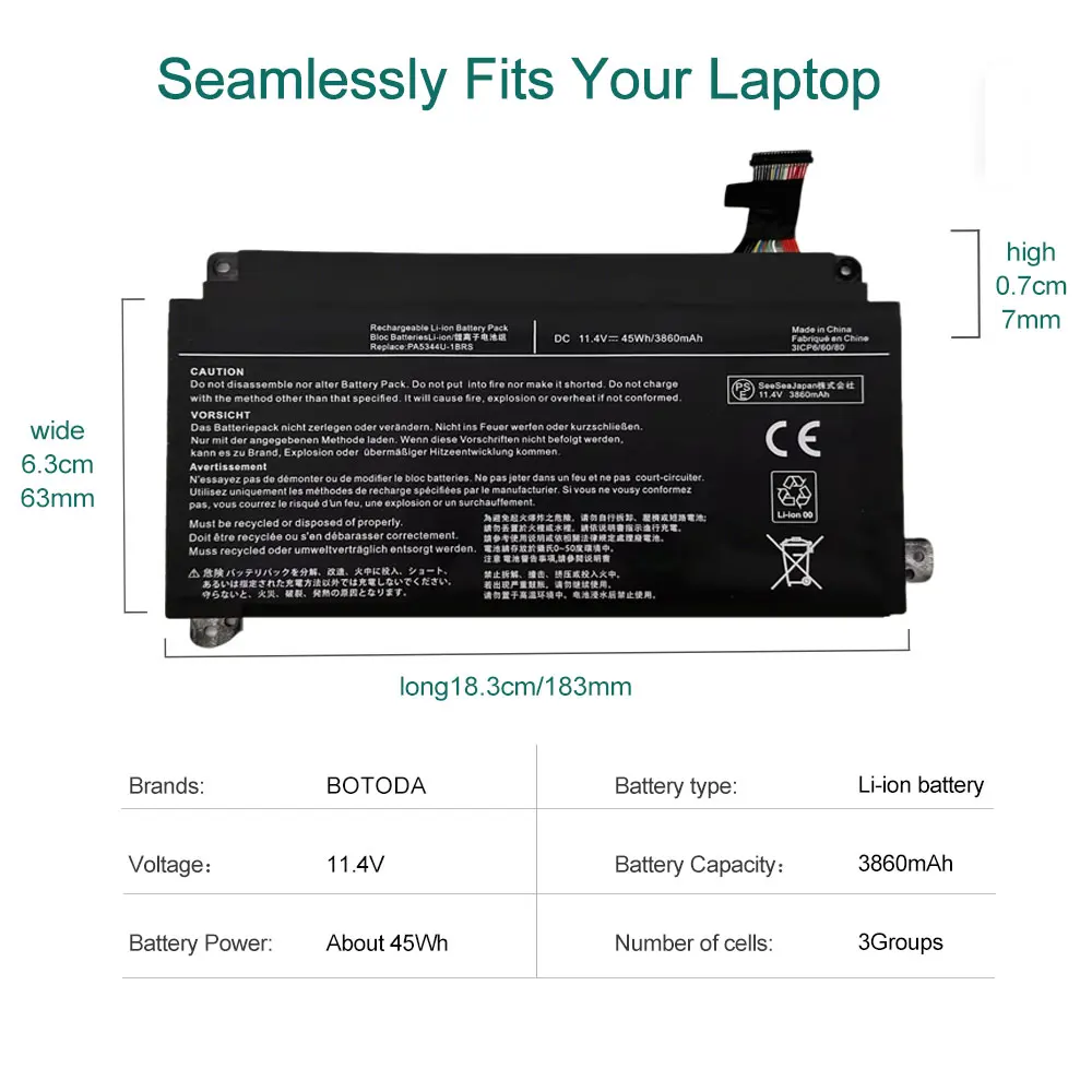 BOTODA PA5344U-1BRS 11.4V 45Wh 3860mAh Laptop Battery Rechargeable Battery for Toshiba Dynabook: BJ65/FS Series