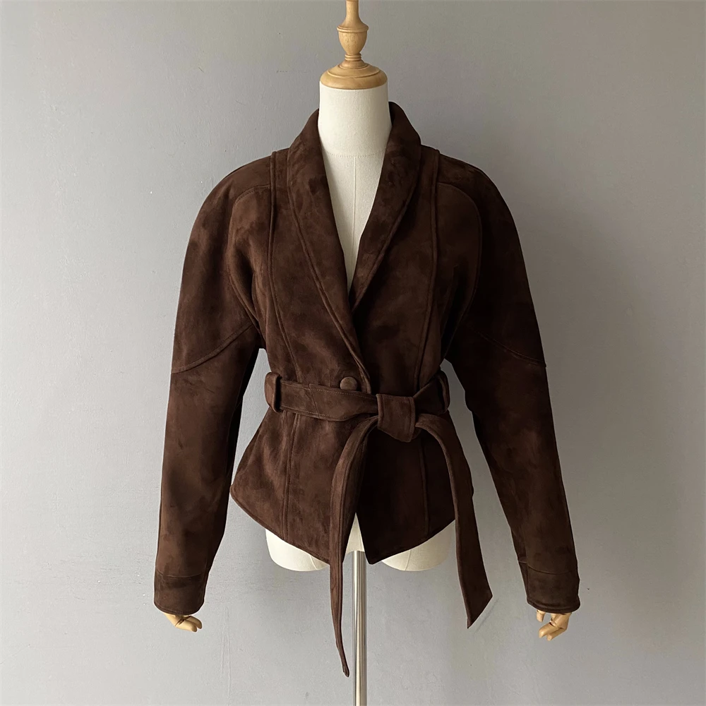 Jaxmonoy Vrouwen Schapenvacht Leren Jas Dame Echt Suède Jas Mode Blazer Jassen met Riem 2025, Herfst Winter Nieuwe Stijl