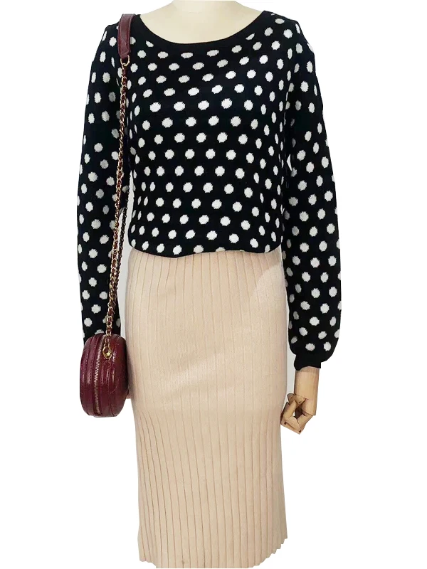 

Осень-зима, черный, белый цвет в горошек, свободный повседневный трикотаж, круглый свитер Ne, удобный базовый слой для похудения больших размеров