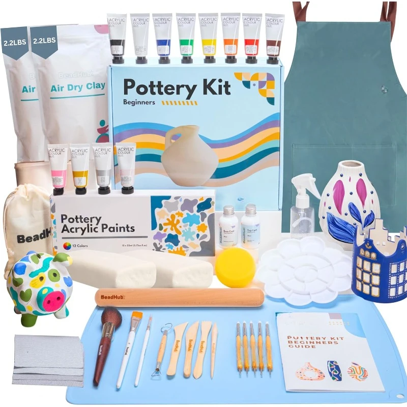 Pottery Kit for Beginners , Air-Dry Modeling Clay Molding, Sculpt & Painting Set, Hobby Date Night DIY Art Craft Kits (White)