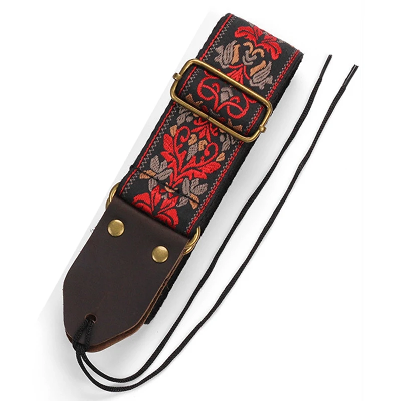 1 Piece Guitar Ukulele Strap Embroidered Guitar Strap Leather Head Bass Shoulder Strap Electric Guitar Accessories (Black)