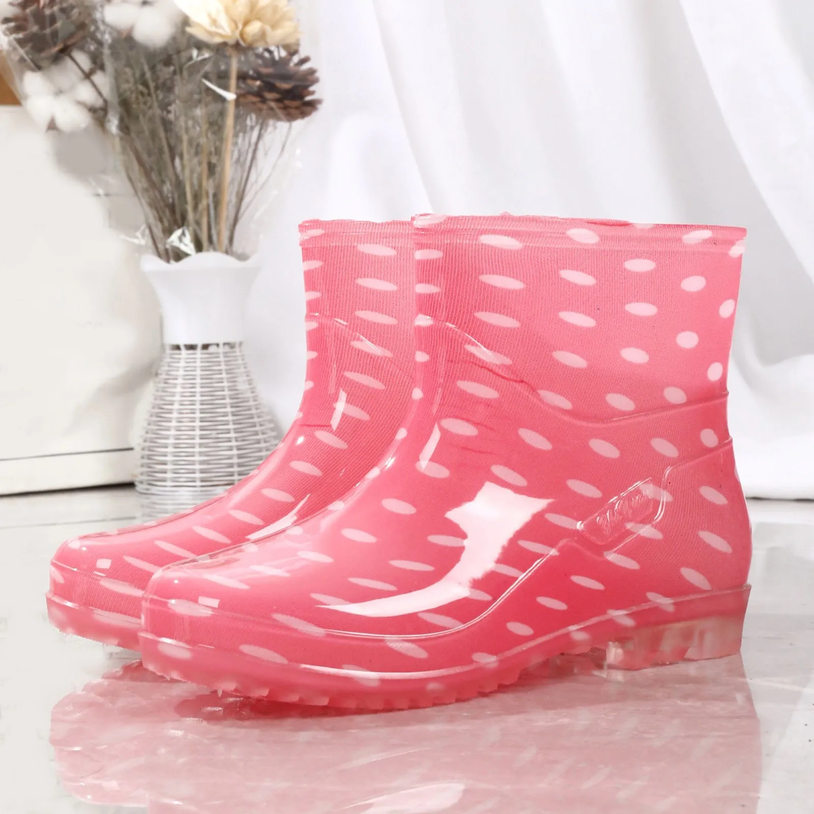 Non Slip Waterproof Work Shoes Print Rain Boots Women  Anti Skip Low Heel Fashion PVC Water Shoes Rainboots Mid-Calf Botas