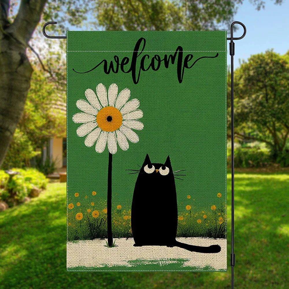 1pc Welcome Spring Black Cat & Daisy Double-Sided Garden Flag Vibrant Green Yard Decor with Playful Outline Design