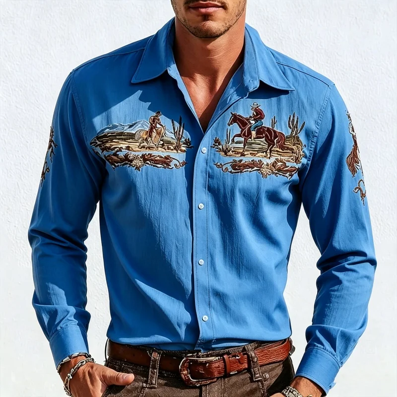 Men's Retro Western-Style Long Sleeve Shirt  Desert Cowboy Cactus Print Turned-Down Collar Button-Up Casual Shirts
